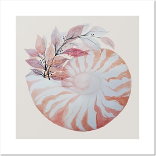 Watercolor Botanical Arrangement with Nautilus shell Posters and Art